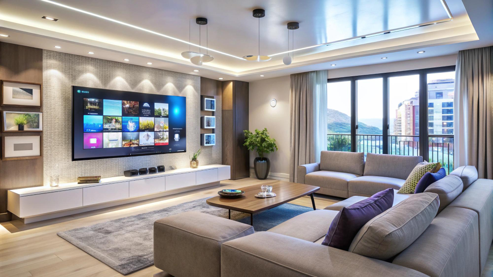 Modern living room with large tv and comfortable sofa